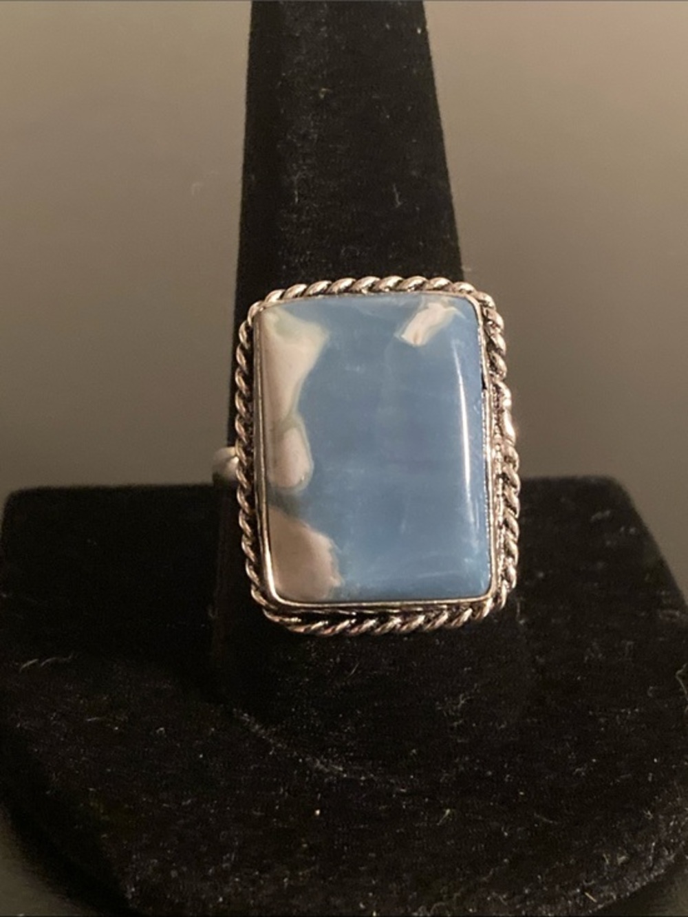 Sterling Silver Rectangular Light Blue Stone Ring with Rope Detail size 10